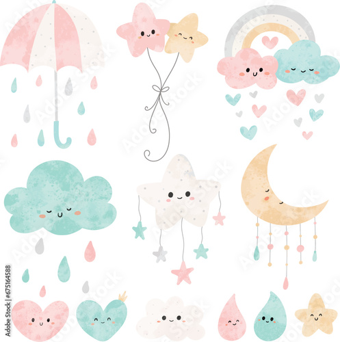 Watercolor doodle set of cute cloud with umbrella, stars, moon and rainbow