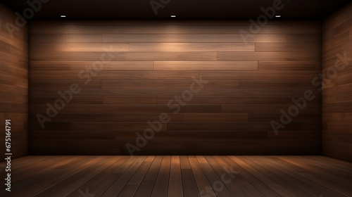Empty dark brown plank wall room interior,decorated with hidden warm lighting. Generative Ai © Witri