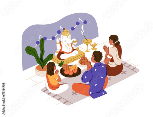 Indian Hindu family praying to Ganesha deity. Religious prayers in India, traditional deity worship on holiday. Hinduism religion concept. Flat graphic vector illustration isolated on white background