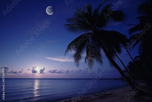 Palm tree under moonlit sky on Caribbean coastline. Generative AI
