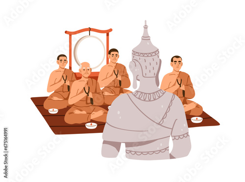 Buddhist monks praying to Buddha statue in holy religious temple. Prayers, mantras to Lord, Deity symbol. Buddhism religion concept. Flat graphic vector illustration isolated on white background