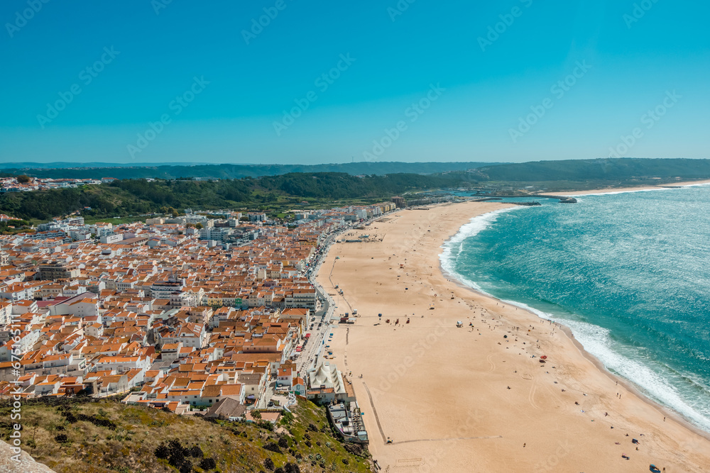 Aerial panoramic view of the beach town of Nazare, Portugal