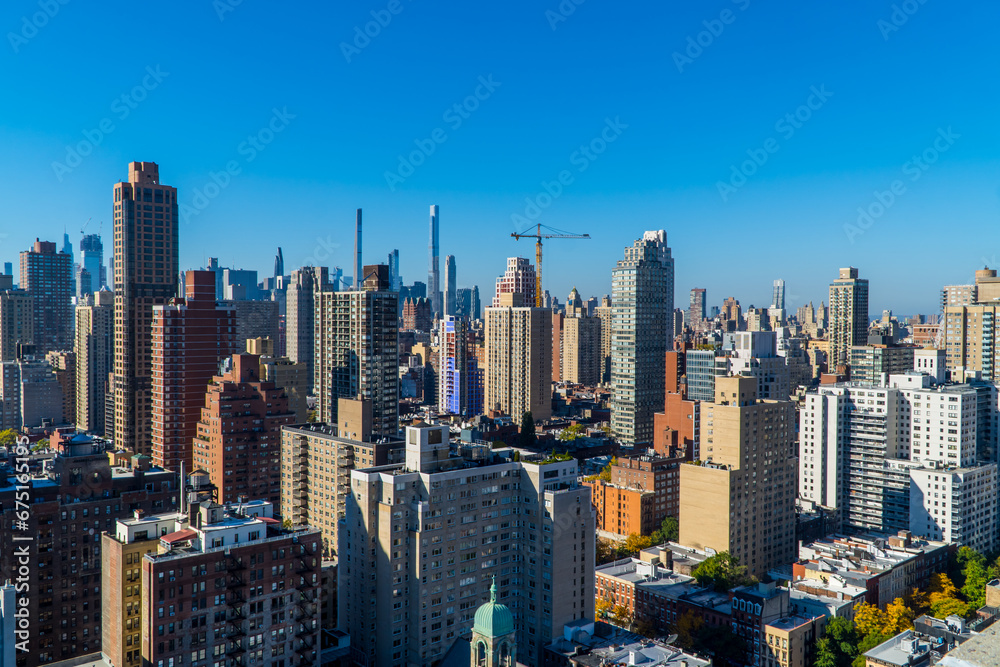 Aerial panoramic view of the skyline of Manhattan on the Upper East Side in New York City 
