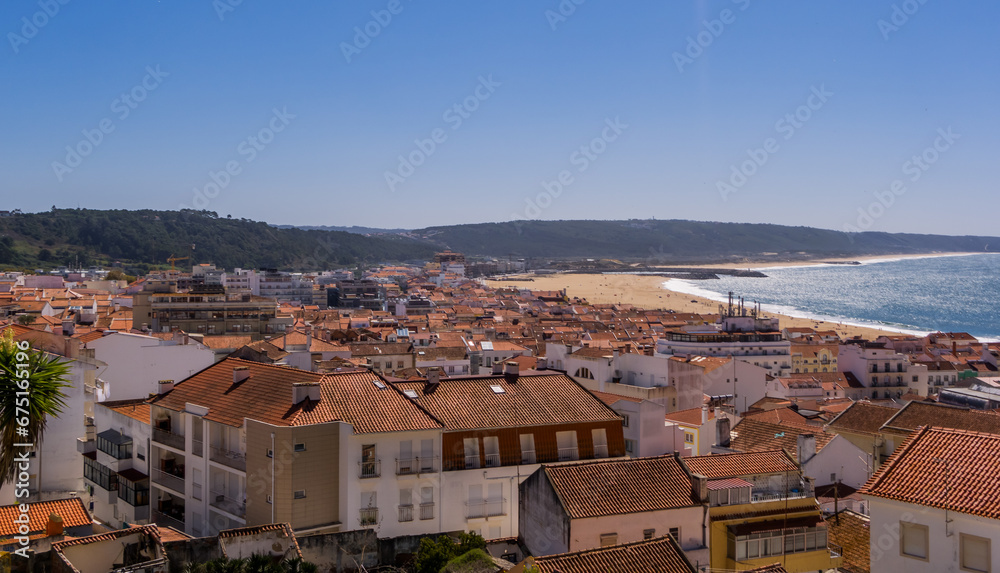 Aerial panoramic view of the beach town of Nazare, Portugal