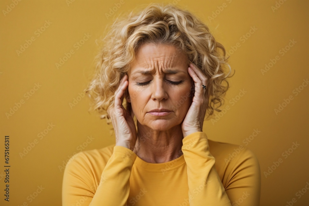 an adult long curly blonde mature attractive woman with migraine headache holding his head having pain on solid light yellow background. Generative Ai. an adult long curly blonde mature attractive woman with migraine headache holding his head having pain on solid light yellow background. Generative Ai.