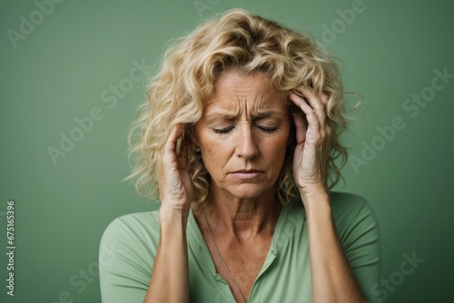 an adult long curly blonde mature attractive woman with migraine headache holding his head having pain on solid light green background. Generative Ai. photo