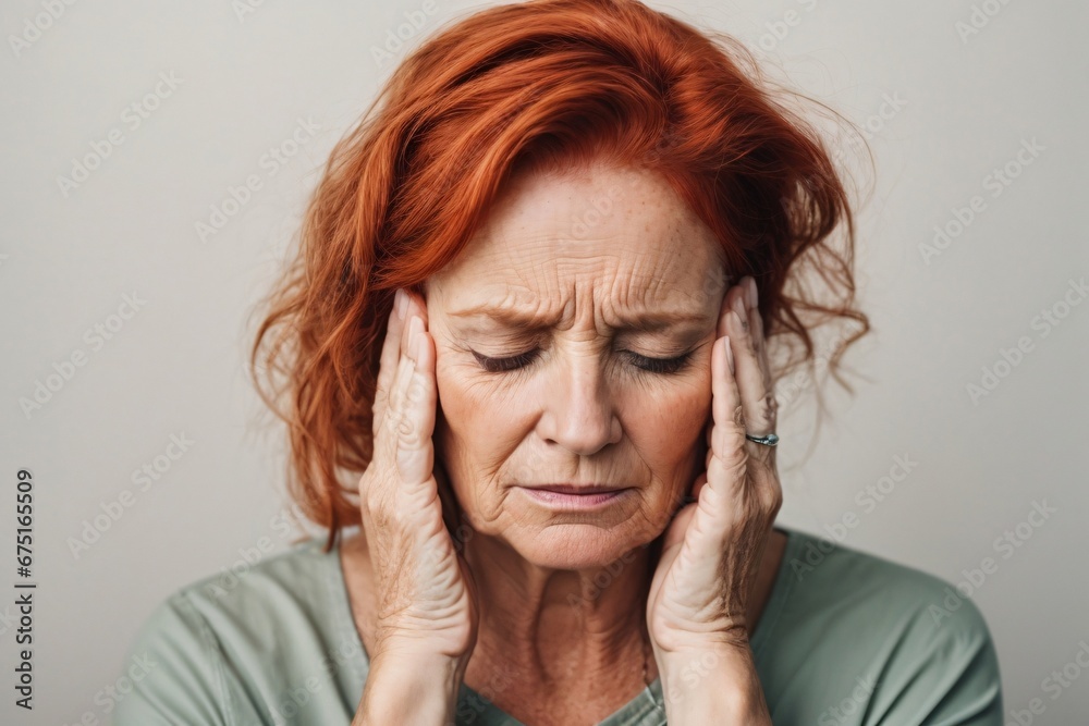 an adult long curly redhead attractive mature woman with migraine headache holding his head having pain on solid white background. Generative Ai. an adult long curly redhead attractive mature woman with migraine headache holding his head having pain on solid white background. Generative Ai.