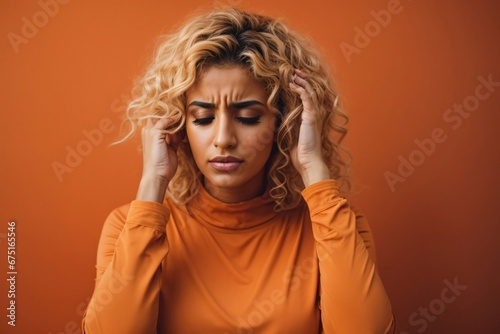 an adult long curly blonde young attractive woman with migraine headache holding his head having pain on solid light orange background. Generative Ai.