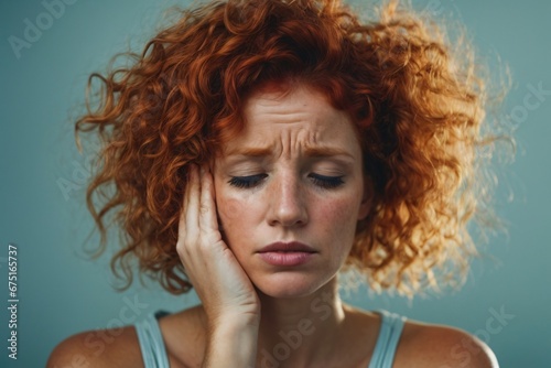an adult long curly redhead young attractive woman with migraine headache holding his head having pain on solid light blue background. Generative Ai. © kapros76