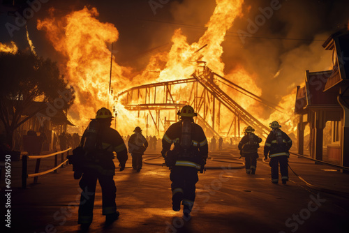 A team of firefighters rushing to rescue people at an amusement park on fire