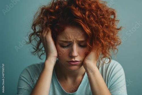 an adult long curly redhead young attractive woman with migraine headache holding his head having pain on solid light blue background. Generative Ai. photo