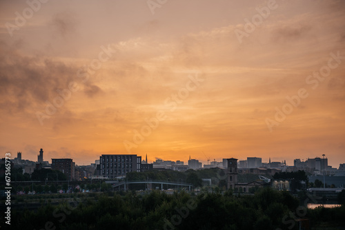 Foggy Sunrise Over Glasgow City Silhouette