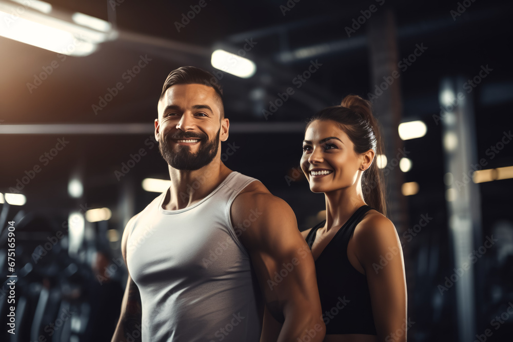 couple fitness man and woman in sportswear standing in gym club. personal trainer. healthy lifestyle couple fitness man and woman in sportswear standing in gym club. personal trainer. healthy lifestyle