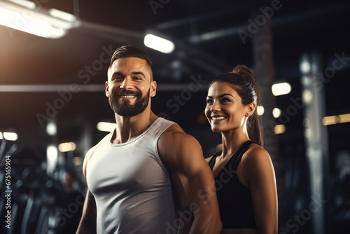 couple fitness man and woman in sportswear standing in gym club. personal trainer. healthy lifestyle