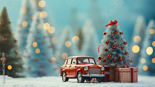 Little classic car with Christmas gifts in front of a snowy Christmas tree. Christmas tree with Christmas ball festive New Year lights. photo
