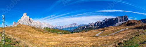 Panoramic view of an alpine landscape from Passo Giau in the Dolomites, Italy