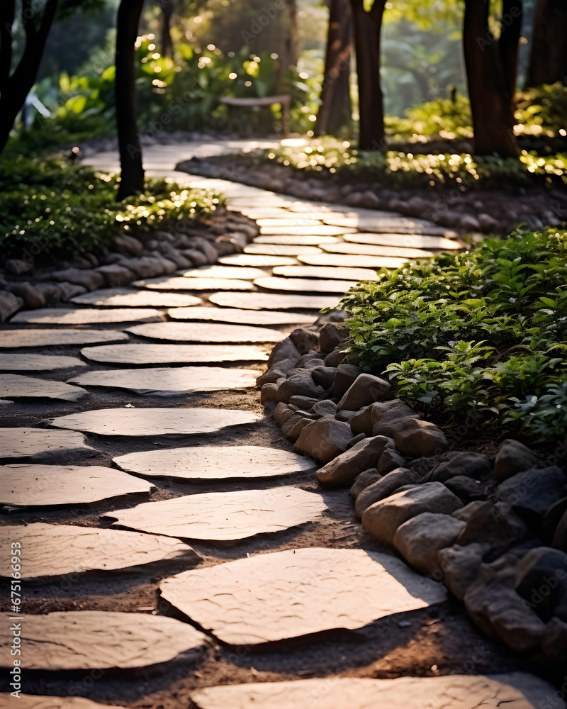 Sunlit Winding Stone Path in Nature