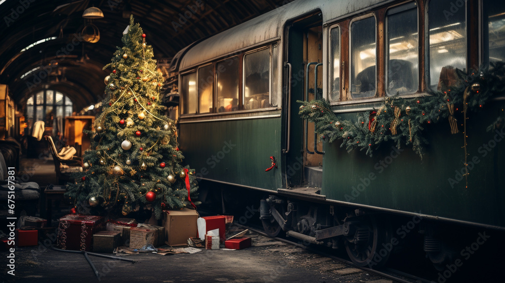 Old train carrage christmas concept postcard. Old train carrage christmas concept postcard.