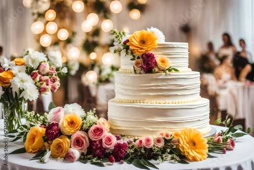 wedding cake with flowers, on table on light background in room interior