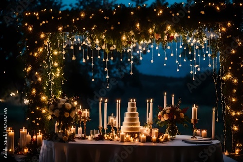 night wedding ceremony, the arch is decorated with flowers, candles and garlands of light bulbs and there is a wedding cake on the table © Hamza
