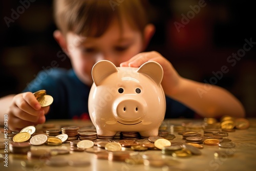 Child learns to save with his pink piggy bank. A prosperous future begins with small savings. Financial education, money savings and business financial banking concept.