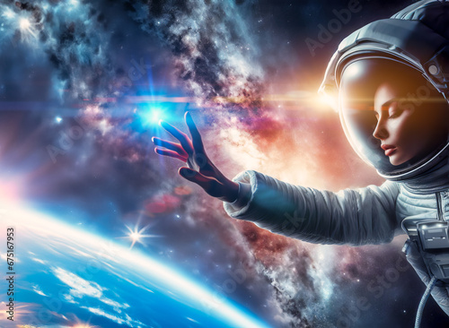 Woman Astronaut spacewalk, exploration in space and touching orb of light, above the earth stratosphere, ocean and lights can still be seen in the night.