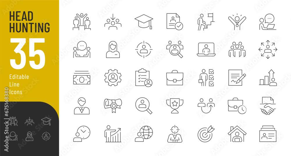 Head Hunting Line Editable Icons set. Vector illustration in thin line modern style of human resources related icons: job interview, candidates search, working conditions, and more. Isolated on white. - obrazy, fototapety, plakaty 