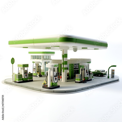 Gas station plastic model toy on white background. photo