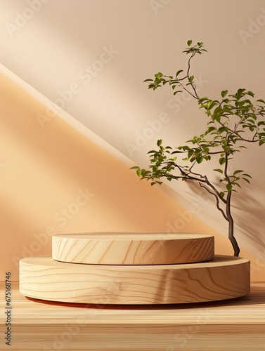 Wooden podium on beige background for product presentation, generative ai © Nia™