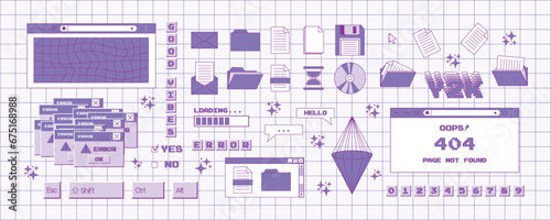 Big set of stickers in the trendy y2k style. Old computer aesthetics from the 90s, 00s. Retro PC elements, user interface. Vector illustration