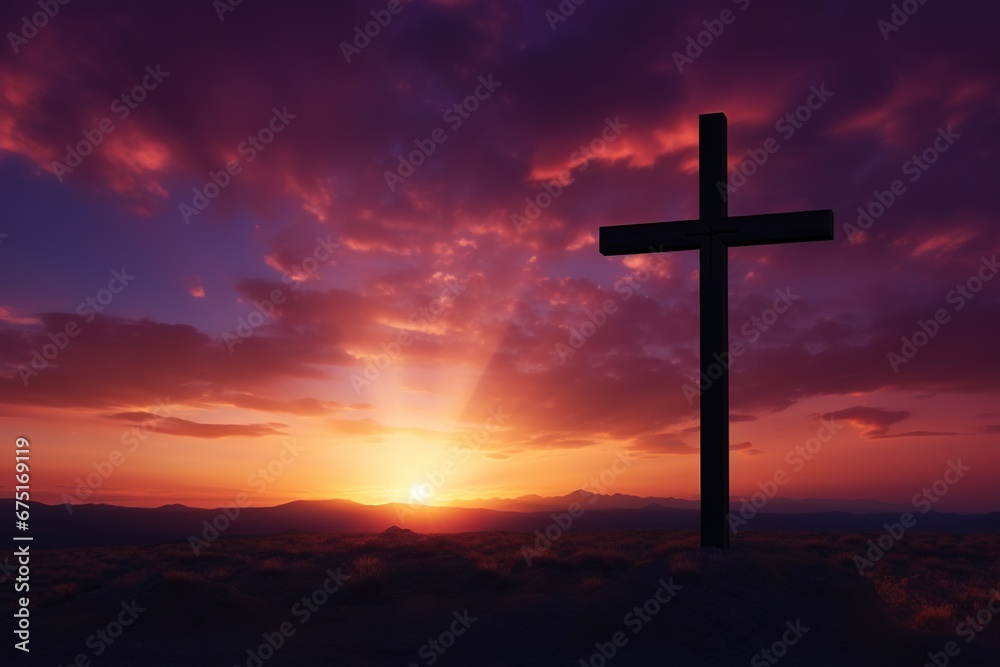 Silhouette of a cross on against a colorful sunset sky