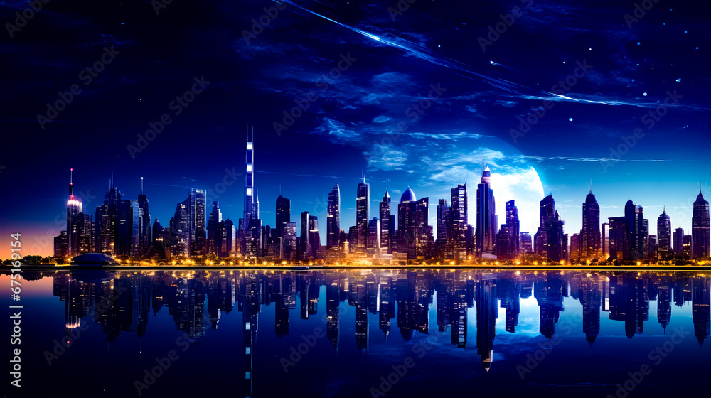 Night scene of city with skyscrapers and lights reflecting in the water.