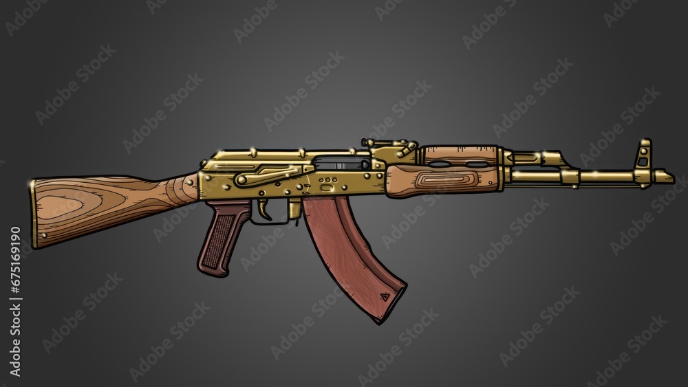 Close-up of AK 47 assault rifle on isolated black background, line Art ...