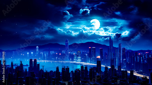 Cityscape with full moon in the sky and large body of water in the foreground.