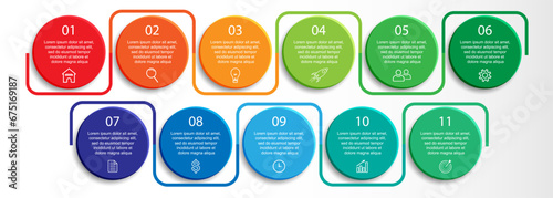 colorful infographic design, 11 step infographic with various interconnected colors, icons, symbols, numbers, text that match, good for your business presentation