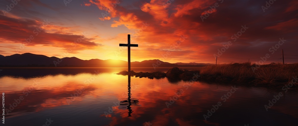 Silhouette of a cross on against a colorful sunset sky