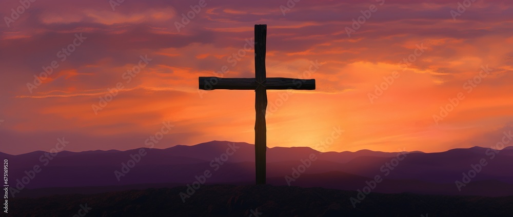 Silhouette of a cross on against a colorful sunset sky Silhouette of a cross on against a colorful sunset sky