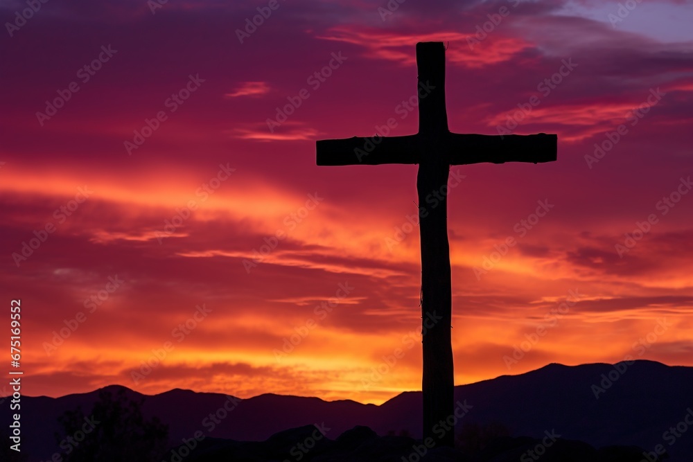 Silhouette of a cross on against a colorful sunset sky