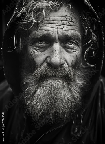 Homeless people on city streets, hungry homeless begging for help and money, Problems of big modern cities. monochrome