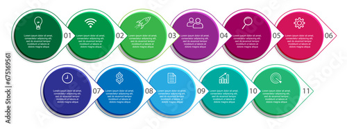 colorful infographic design, 11 step infographic with various interconnected colors, icons, symbols, numbers, text that match, good for your business presentation