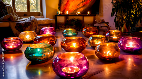 Group of colorful glass bowls sitting on top of table next to window.