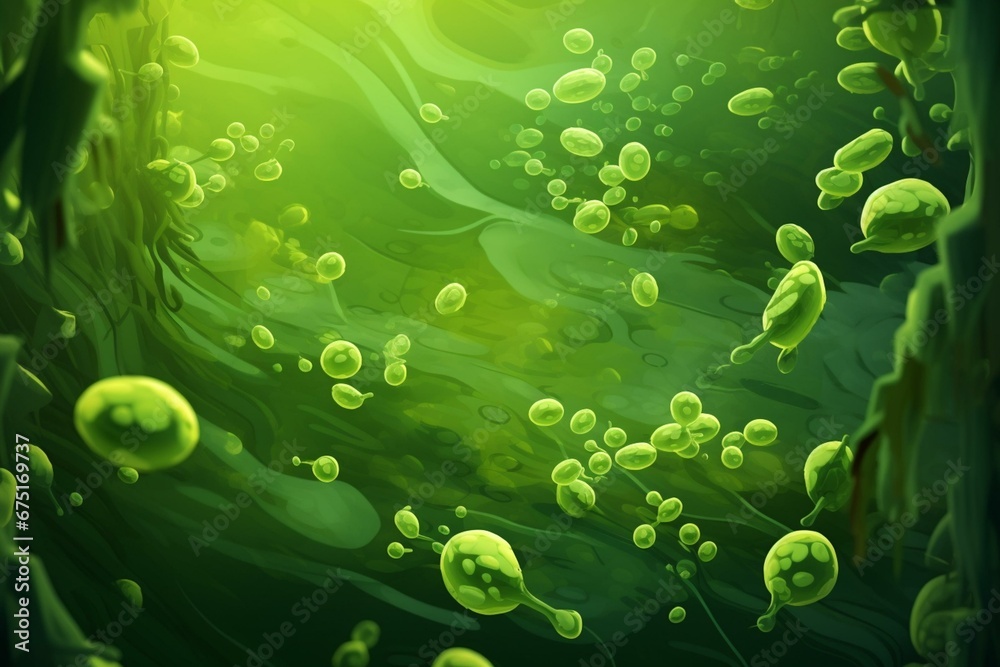 Illustration of 3D green algae cells. Generative AI