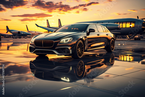 private airplane business jet and luxury car at airport at sunset © alexkoral
