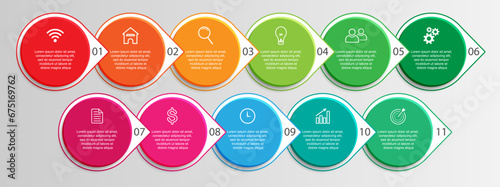 colorful infographic design, 11 step infographic with various interconnected colors, icons, symbols, numbers, text that match, good for your business presentation