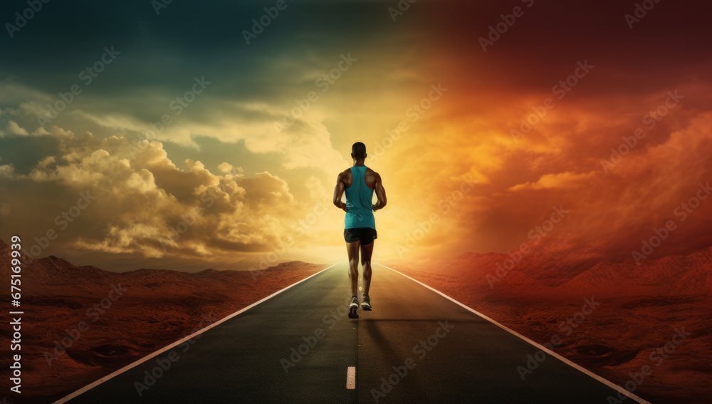 male sportsman starting the race. Runner are running on road and mountain sunset background