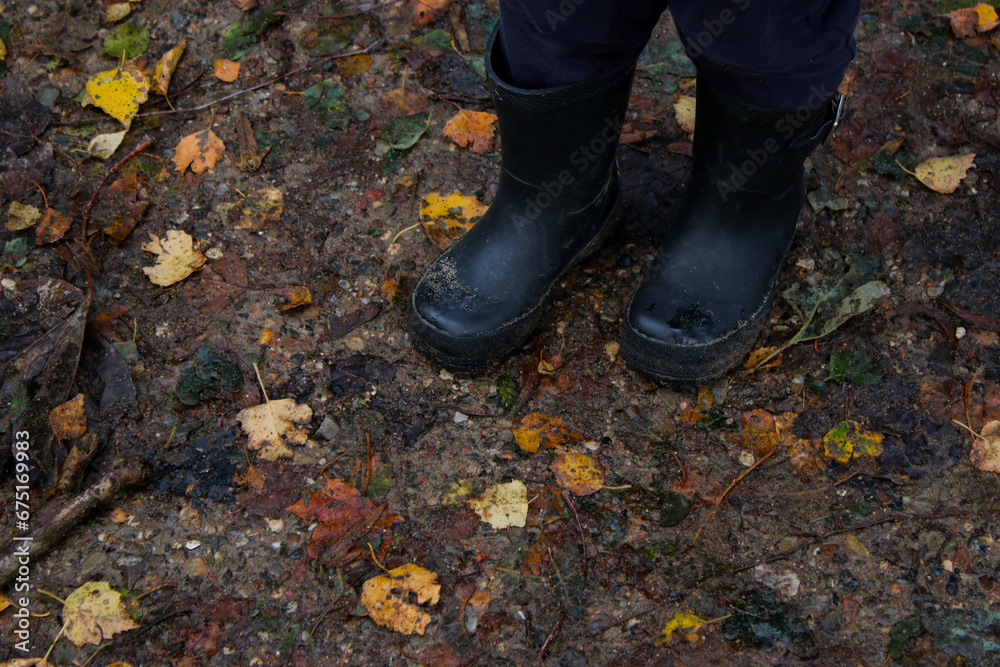 Close up of toddlers rain boots, ground with autumn yellow leaves 