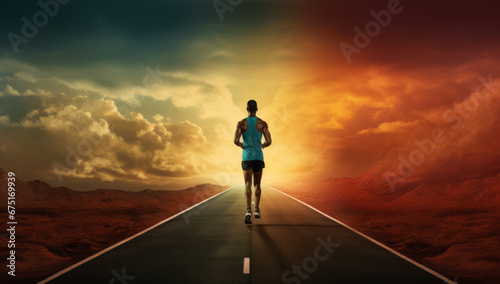 male sportsman starting the race. Runner are running on road and mountain sunset background