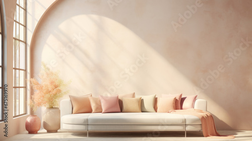 Beige and pink sofa with terra cotta pillows against arched window near stucco wall with copy space.