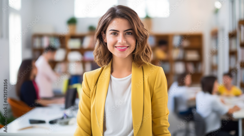 Portrait of young woman with stylish hair. Businesswoman looks at the camera and smiles. Copy space Office background. Ai generative.