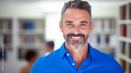 European businessman in casual wear in nice modern office background. Man Look at the camera smiling. Concept of success in business. Ai generative.